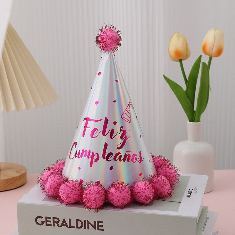Birthday party hats with hairballs