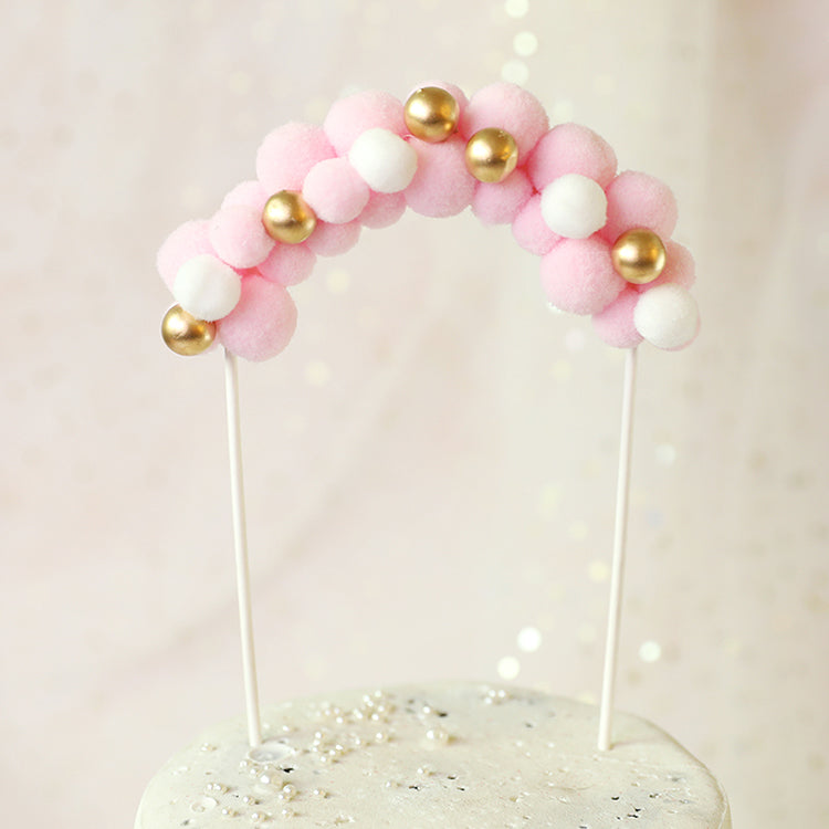 Cake Topper Decor Custom Red And White Plush Ball Golden Bead Arch Cake Topper