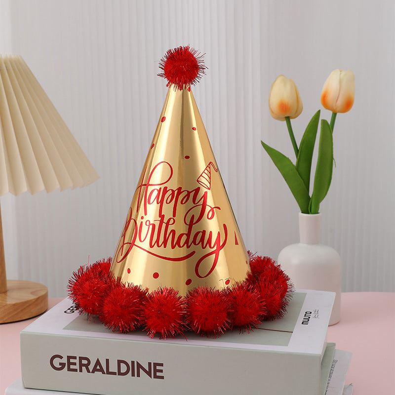 Birthday party hats with hairballs