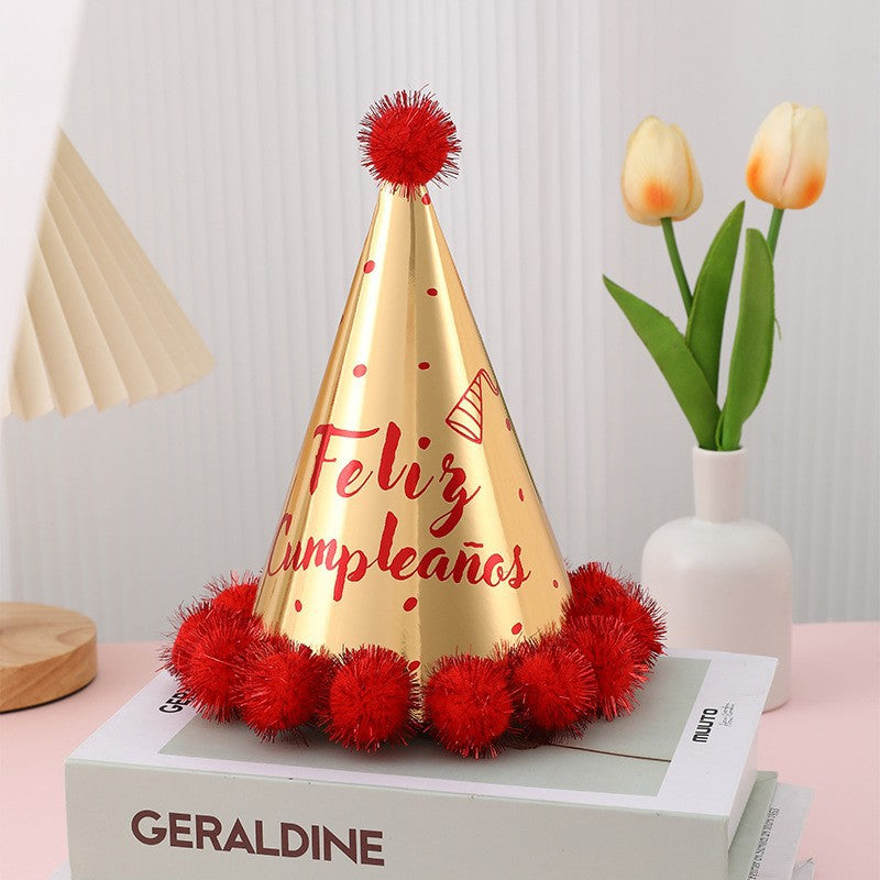 Birthday party hats with hairballs
