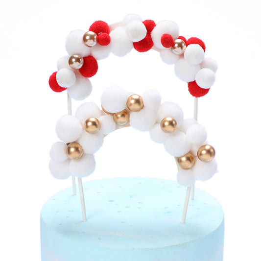 Cake Topper Decor  Custom Red And White Plush Ball Golden Bead Arch Cake Topper